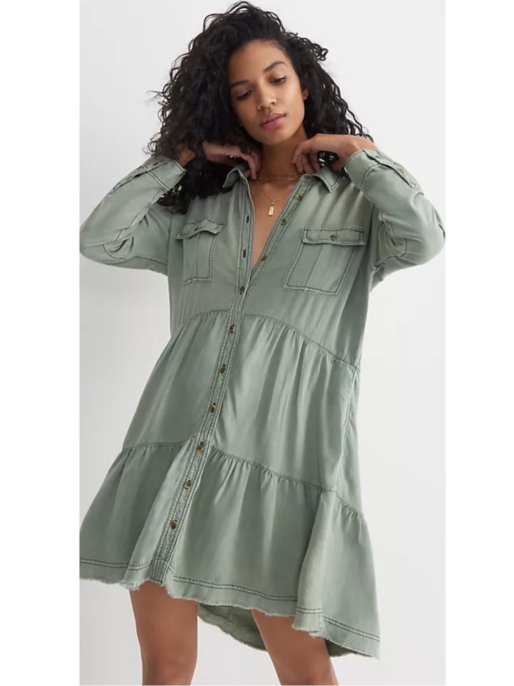 Anthropologie Pilcro Deanne Green Tiered Mini Shirt Dress Linen Blend